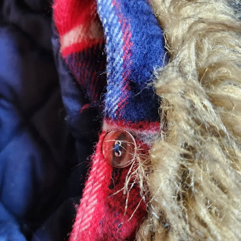 Justice Girl's Size 10 Red And Blue Plaid Fur Hooded Jacket Toggles Fall/winter